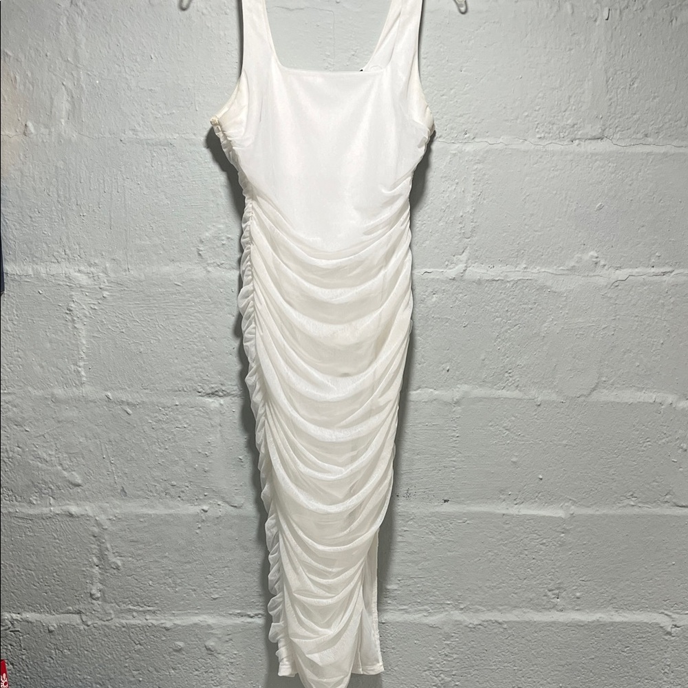 Lulu's White Ruched Midi Dress